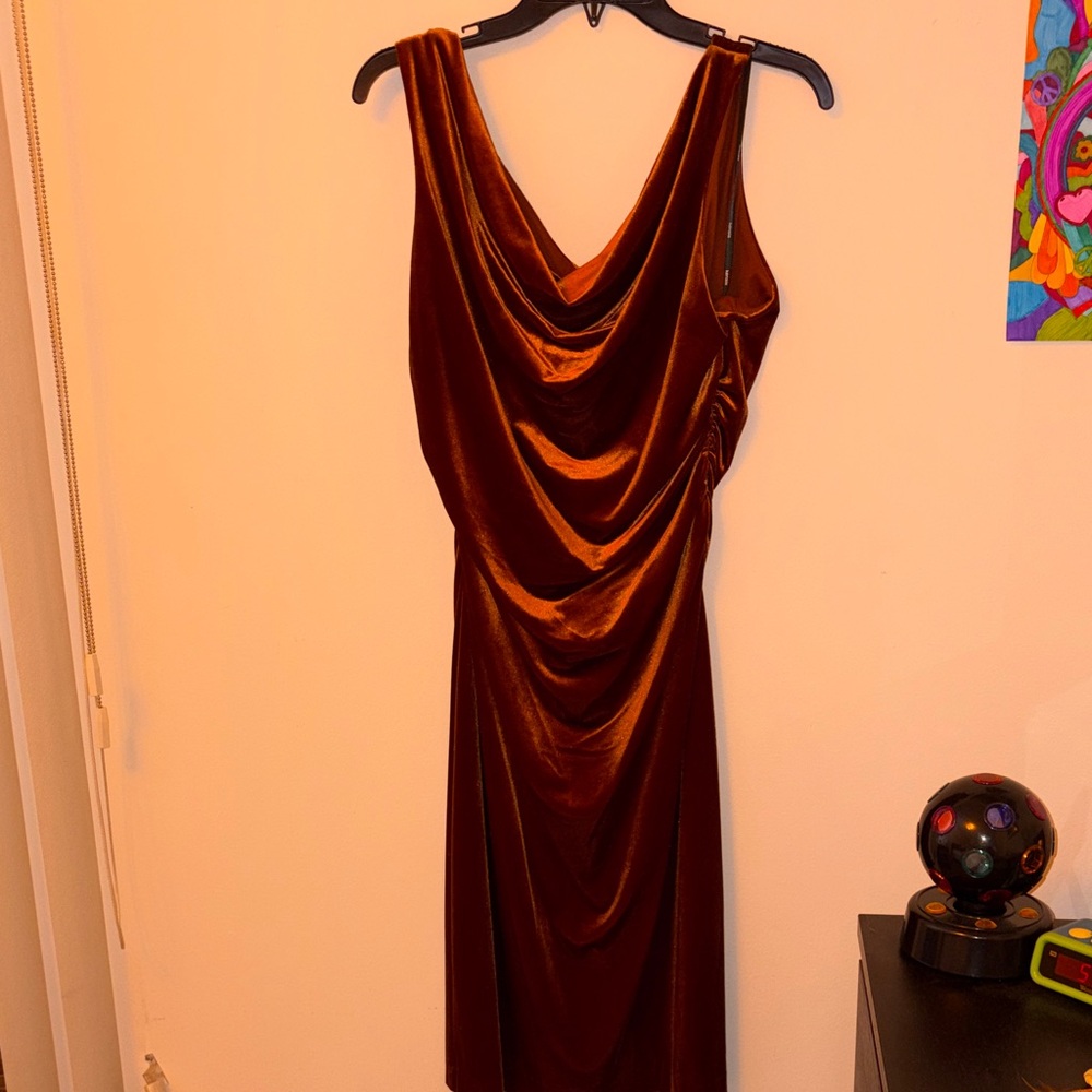 Elegant Orange Velvet Draped Sleeveless Dress